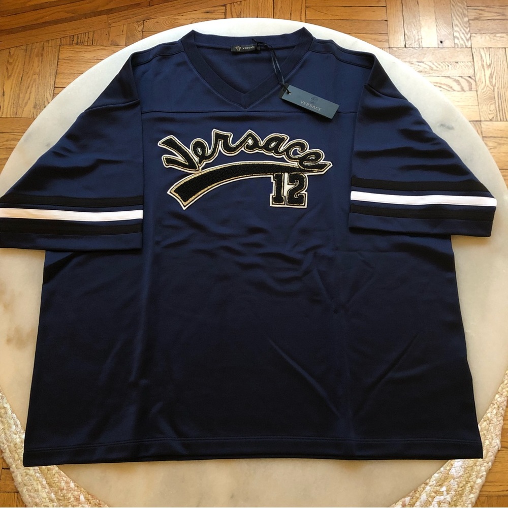 Versace Blue Flocked Embroidered Jersey (T-Shirt) XXL (New With Tags)